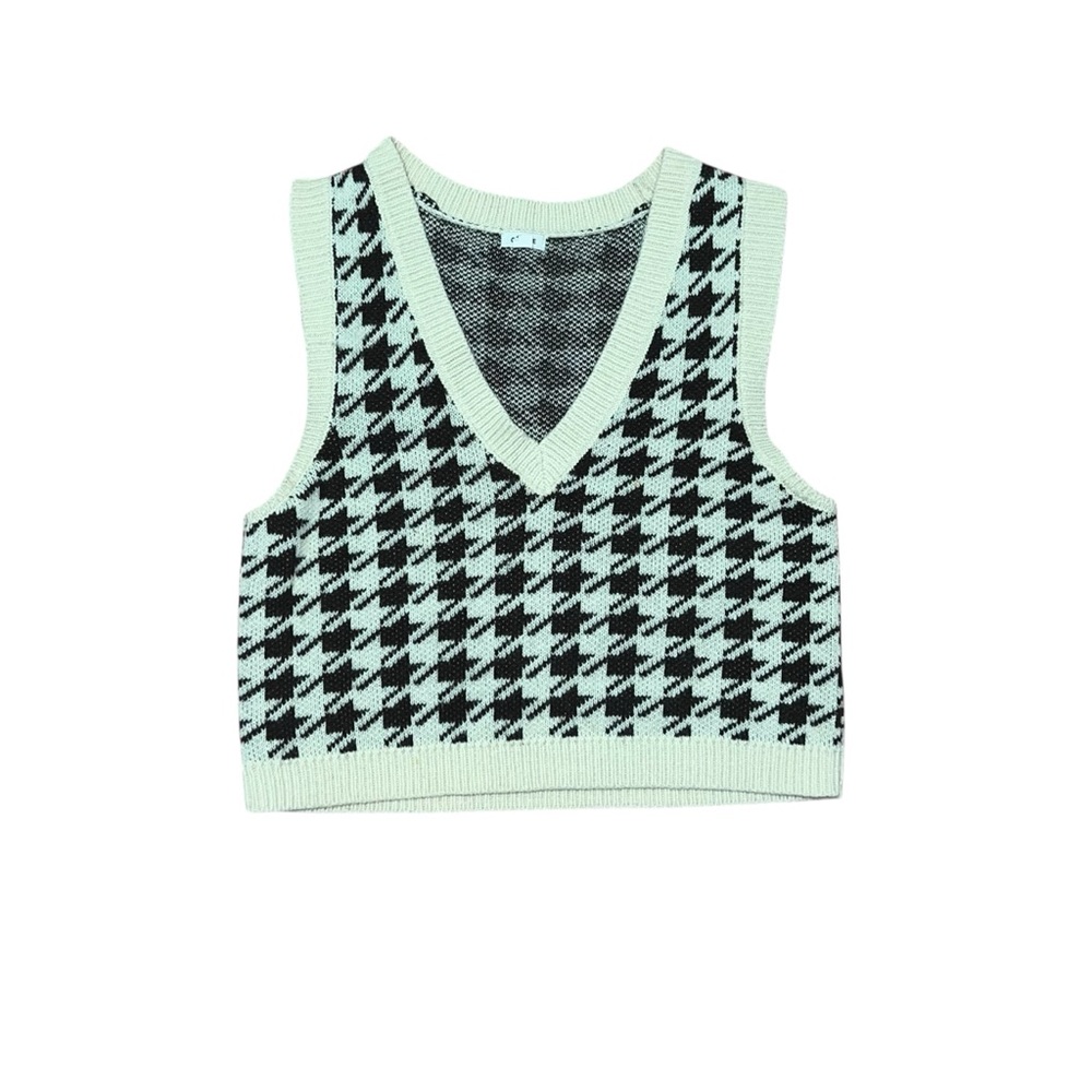 Garage Brown And Cream Houndstooth Cropped Knit Vest Top Size XS Preppy Layer